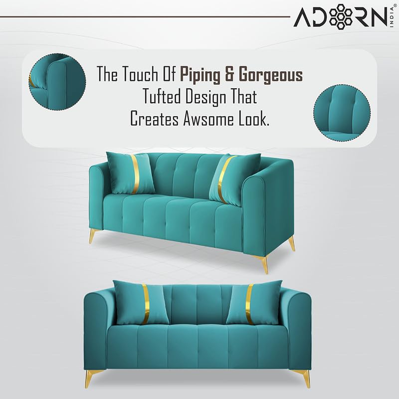 Image of Adorn India Premium Mystic - 3 Years Warranty - 3+2 Sofa Set Velvet Suede Fabric - Aqua Blue