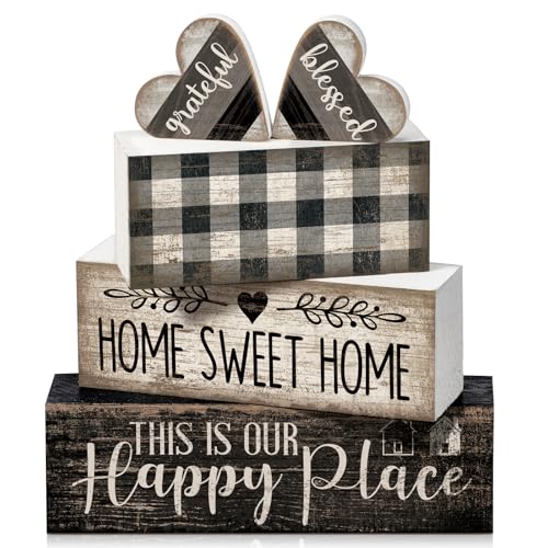 Moucuny 4 Pcs Farmhouse Kitchen Decor Black and White Farmhouse Tiered Tray Decor Home Sweet Home Centerpiece Wooden Heart Rustic Valentines Day Block Sign for Kitchen Shelf Valentines Gift Decoration