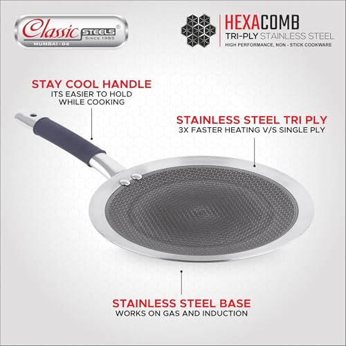 Image of Classic Steels Hexa Comb Roti Tawa 28cm - 2.5mm Thick | Non-Stick Triply Stainless Steel Roti Tawa for Roti, Chapati, Paratha | Induction & Gas Compatible| Durable Stay Cool Silicon Handle
