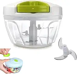 Processador Manual de Alimentos, Verde e Branco, Acrílico, 500ML, 3 Lâminas de Alumínio, Desmontável, Para Temperos e Alimentos