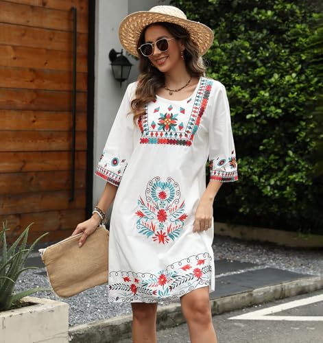 Image of Higustar Mexican Embroidered Dress Summer Cotton Bohemian Flower Peasant Traditional Mexico Fiesta Boho Dresses for Women