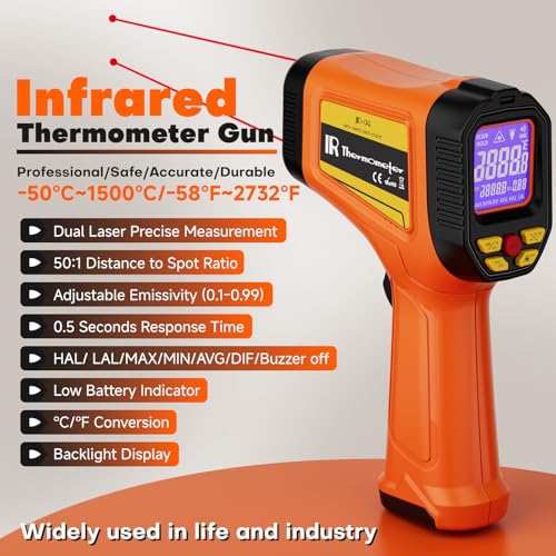 Image of Dual-Laser Infrared Thermometer, -58F to 2732F (-50C to 1500C) Temperature Gun, 50:1 Non-Contact Temp Gun for Metal Smelting, Furnace, HVAC, Pizza Oven & Engine Diagnostics