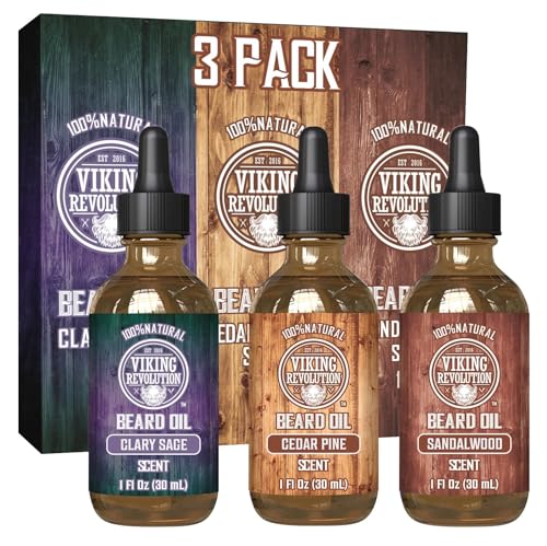 6% off - Viking Revolution - Beard Oil - All Natural With Argan & Jojoba Oils - Sandalwood, Cedar Pine, Clary Sage - Softens, Smooths & Strengthens - Gifts For Men - Valentines Gifts for Him - 3 x 30 ml