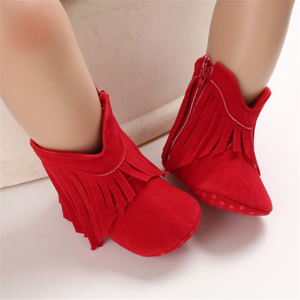 Timatego Baby Girl Cowboy Tassel Boots Side Zipper Non Slip Stay On Booties Infant Toddler First Walker Warm Winter Crib Shoes 3-18 Months, Baby Girl Boots 6-12 Months Infant, 02 Red