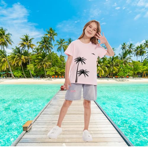Image of Girls Hawaiian Print Beach T-Shirt Crew Neck Tops Summer Casual Short Sleeve Vacation Tees for Kids Teen 1-14 Years