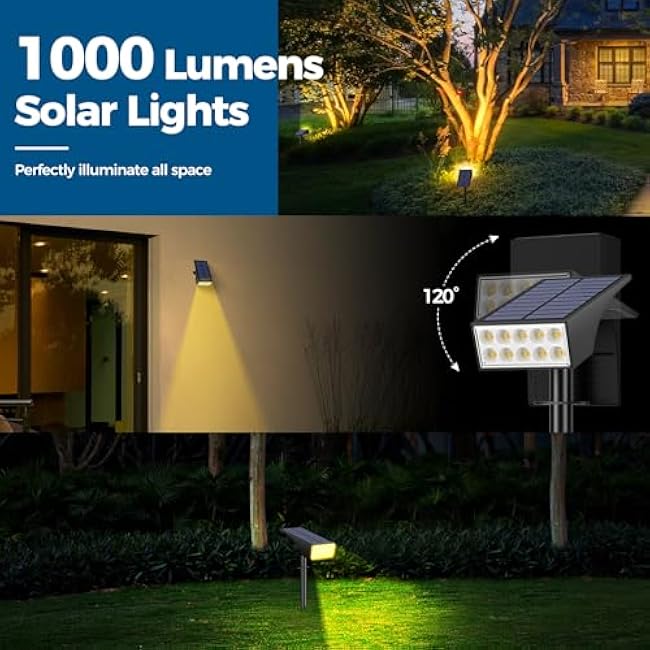 Solar Spot Lights Outdoor, Solar Lights Outdoor Waterproof IP65, 4 Lighting Modes Solar Powered Spotlights Yard Garden Landscape Pathway Solar Security Lights for Outside (Warm White, 6 Pack)
