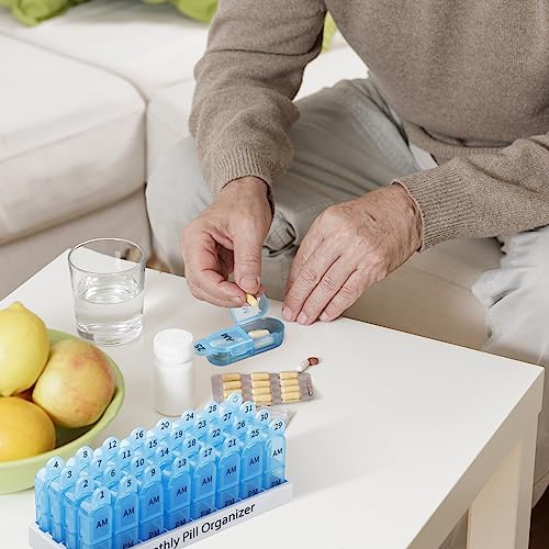 Image of Daviky Monthly Pill Organizer 2 Times a Day, 30 Day Pill Box AM PM with Separate Container, One Month Medicine Case Twice a Day to Hold Vitamins, Supplements and Medication (Blue)