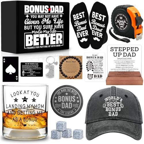 NVTROVI 16 PCS Step Dad Gifts with 11 Oz Whiskey Glass Cap Coaster Bracelet Acrylic Plaque Socks Bonus Dad Gifts for Christmas Birthday Fathers Day Anniversary from Daughter Son
