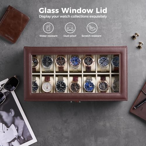 Image of ProCase Watch Box Organizer, 14 Slot Watch Display Case With Glass Lid, Watch Storage Holder Mens Watch Case, Anniversary Birthday Valentine Gifts for Men Women -14 Slot, Espresso&Beige