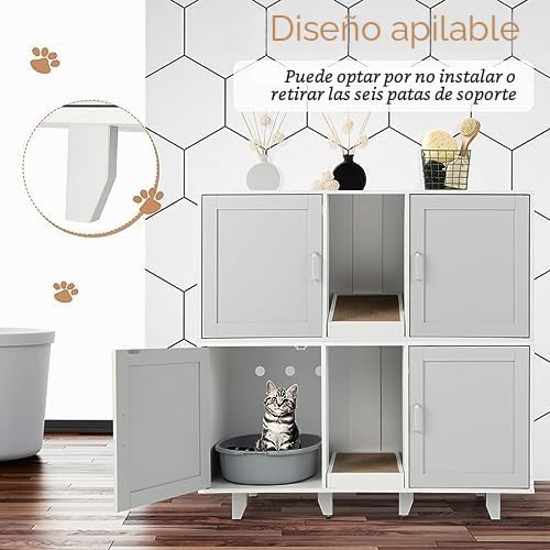 FANTASK Casa para Gatos, Armario para Gatos con 2 Puertas y Tabla para rascar y Entrada, Muebles para Gatos Mesa Auxiliar