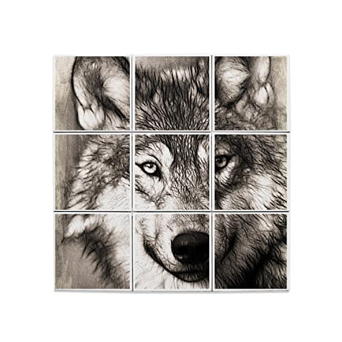 Carreaux céramique décoratifs loup : œuvre d'art murale 60x60 cm en faïence fine monochrome haut de gamme