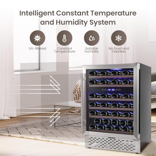 Garvee Superior Wine Refrigerator - 51 Bottle Capacity Dual Zone Cooler, Dual Zone 24" Wine Cooler,Quiet Compressor, Seamless Stainless Steel Design, Temperature Memory.