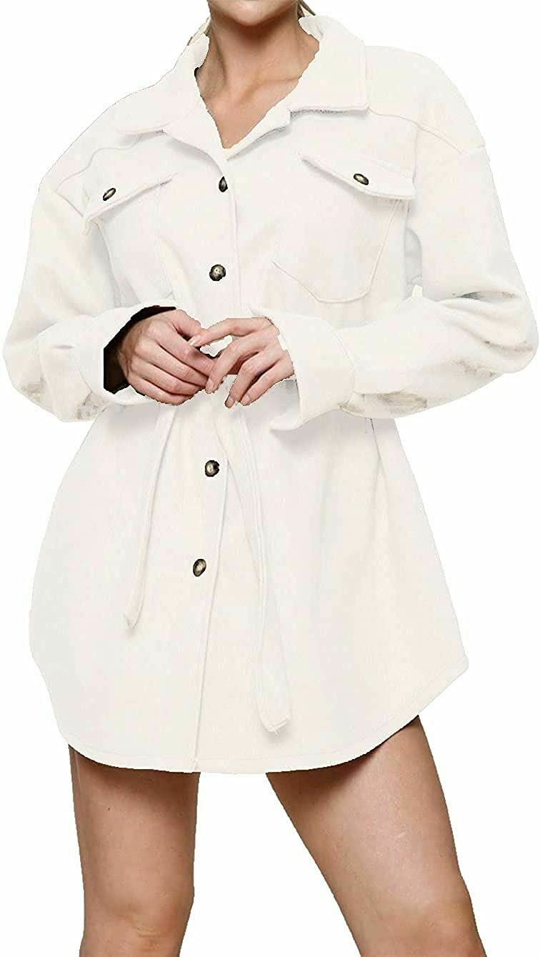 Womens Fleece Tie Waist Longline Collared Shacket Ladies Button
