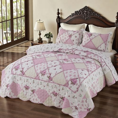 Couvre-lit matelassé réversible 3 pièces rose avec 2 taies d'oreiller - 2