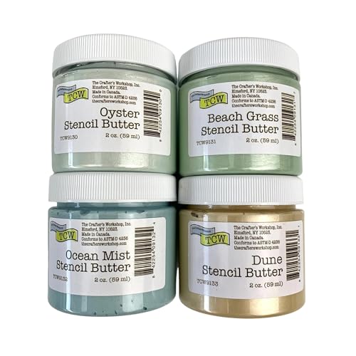 The Crafters Workshop Stencil Butter - Coastal Acrylic Paint Set - Boutique Metallic Texture Paste for Art Canvas Journals & Cards - 4 x 2oz Jars