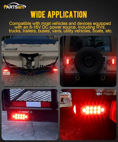 Image of Partsam 4pcs Trailer Truck LED Sealed RED 6 inch Oval Stop /Turn /Tail Lights Flush Mount Waterproof Including 3-pin Water Tight Plug with Wires and Grommets Sealed DOT Compliant