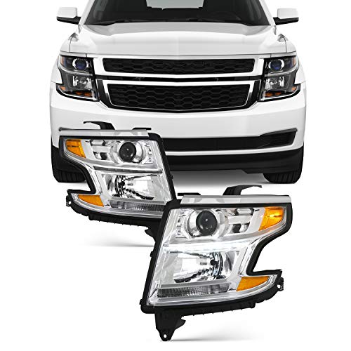 AKKON - Fits 2015-2020 Chevy Suburban 15-20 Tahoe LED Projector Chrome Headlights [Halogen Type] w/Amber Signal Left+Right Pair