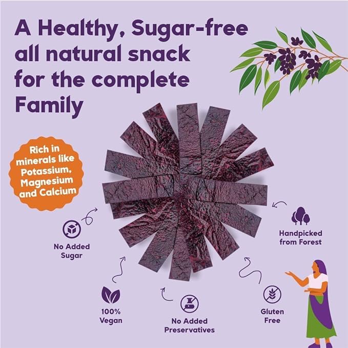 Image of Tribalveda Whole Dried Jamun Strips, Fresh Fruit Black Plum,Combo Pack of 3, Jamun Bar, Healthy Mixes Chips, Dried Fruit Rice In Dietary Fibers, Hygienically Packed, Combo Pack - 240 gm (Jambu Strips)