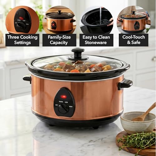 Image of OVENTE 3.7 Qt Electric Slow Cooker, 3 Heat Settings, Copper SLO35ACO | 200W Non-Stick & Dishwasher Safe Stoneware, Stainless Steel Body, Glass Lid, Oval Pot for Entrees, Soups, Sauces, Stews, Dips