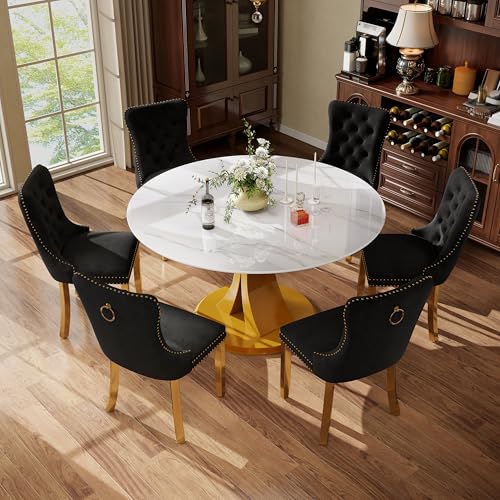 Image of 7-Piece Dining Table Set with 47In Faux Marble Table and 6 Velvet Upholstered Chairs, Modern Scandinavian Furniture for Dining Room Kitchen(Black&Gold)