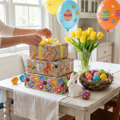Kuvarix Geschenkpapier Ostern, 8 Blätter Osterpapier Geschenkpapier Kinder, Ostergeschenkpapier Osterhasen Ostereier Osterküken Buntes Geschenkpapiers für Ostern Geschenke Verpackung Osterdeko