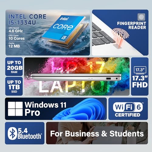 Image of HP Flagship 17 Business Laptop, 12GB RAM, 256GB SSD, Intel Core i5-1334U, Backlit Keyboard, Fingerprint, 17.3 inch IPS Anti-Glare Display, Windows 11 Pro Laptop for Work & Students & Home
