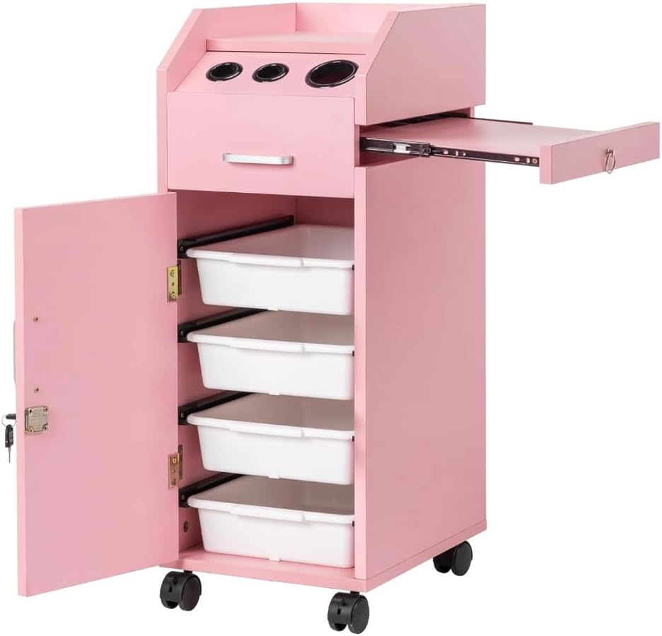 Hair Salon Storage Cart with Locable Wheels & 3 Hair Dryer Holders & 4 Drawers & Lock & 2 Keys, Rolling Salon Cart for Hair Stylist, Hairdresser, Beauty (Pink)