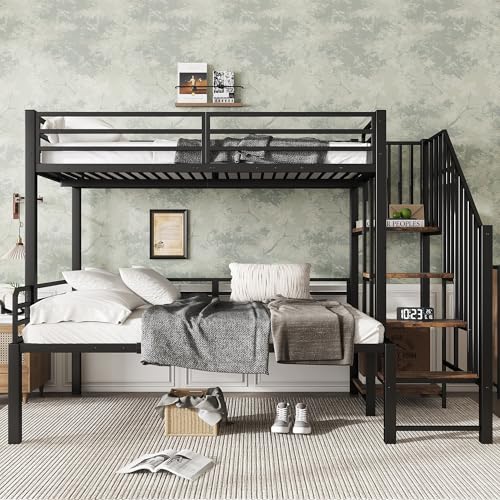 Trdlpyn Etagenbett aus Metall, 90 x 200 cm und 120 x 200 cm, Eckschrank mit Leiter und Stauraum, Hochbett für Kinder und Jugendliche, einfache Montage, Schwarz