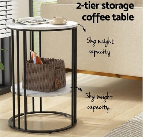 Image of 2 Tier Round Coffee Table with MDF Wood Faux Marble Top 54 x 40 cm | Gold Metal Frame | Storage Shelf | Bedside Nightstand for Living Room Bedroom Balcony Office | Black & White