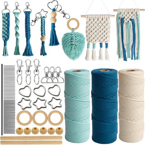 suo long Art Craft Macrame Kit for Adult Beginner Women with Instruction Book Online Tutorial Macrame Cord 3mm Wood Ring/Beads Wood Dowel Key Rings Keychains to Make Wall Hanging Keychain Boho Dector