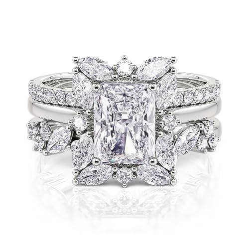 Jeulia 3 PC Interchangeable Engagement Ring Set for Women; 925 Sterling Silver Radiant Cut 2.45CT Floral Halo Wedding Ring Set Diamond CZ Bridal Set Anniversary Christmas Gift with Jewelry Box3