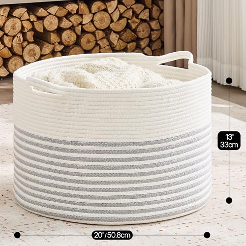 Image of KAKAMAY Cotton Rope Storage Basket (20 inchx13 inch),Woven Hamper for Blankets,Toys,Pillows,Clothes,Laundry,Sturdy Handles Decorative Basket for Living Room, Bedroom,Nursery(Grey /Beige)