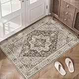 Tangsoo Vintage Rug 2x3 Washable Rug for Entryway, Non Slip Small Area Rug, Indoor Front Door Rug, Print Distressed Grey/Brown Door Mat Carpet, Soft Low Pile Rugs for Entrance Kitchen Bedroom Bathroom