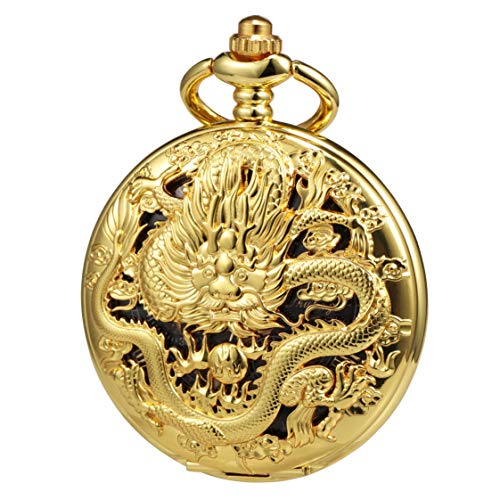 Reloj de bolsillo antiguo con esqueleto mecánico y grabado de dragón imperial TREEWETO dorado