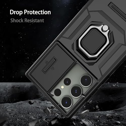 Image of SHINESTAR Tough Armor Samsung Galaxy S24 Ultra 5G Bumper Back Case Cover | Ring Holder & Sliding Camera Shield Cover | 360 Degree Protection Back Case Cover (Black)