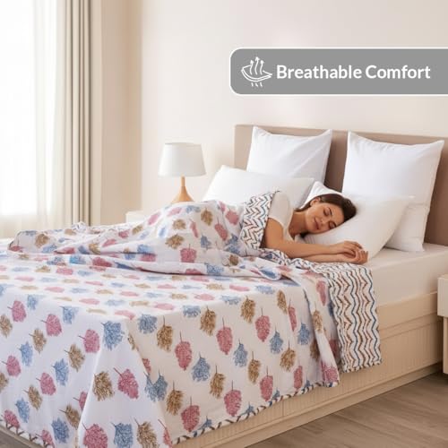 Image of HOMEMONDE 100% Cotton Reversible Dohar Double Bed Size | 300 TC AC Blanket Comforter | Soft Lightweight Bed Blanket Quilt | Premium Gift Box Included (84 x 94 Inch, Multicolor & White, Pack of 1)