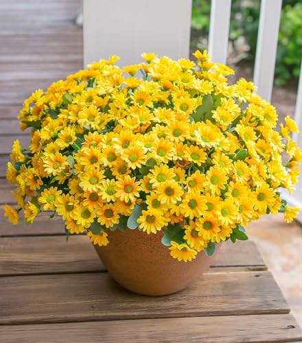 Daisy Artificial Flowers for Outdoors Decoration, 6 Bundles Fake Plants Flowers Bouquet Faux Flowers for Outdoor Planter Look Real UV Resistant Silk Flowers for Outside Front Door Porch Patio, Yellow