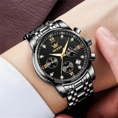 Image of OLEVS Watch for Men Diamond Business Dress Analog Quartz Stainless Steel Waterproof Luminous Date Two Tone Luxury Casual Wrist Watch Blue