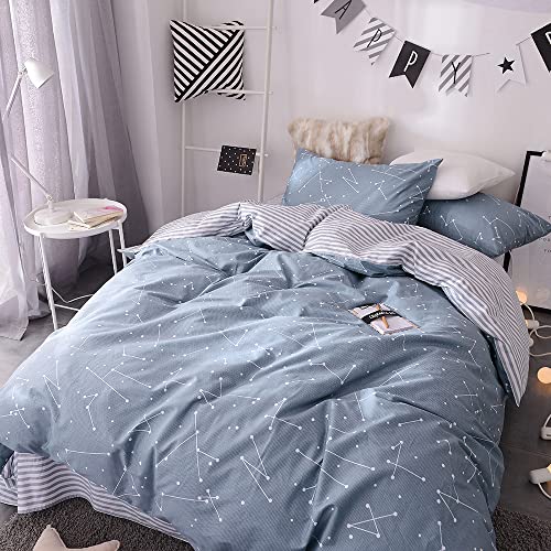 BuLuTu Space Constellation Kids Bedding Duvet Cover Set Twin Grey Blue for Boys Girls,Reversible Premium Cotton Striped Bedroom Bedding Sets Twin Comforter Cover Zipper Closure,NO Comforter