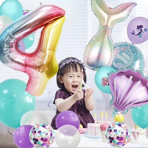 Image of Mermaid Birthday Decorations Mermaid Balloons - Number 4 Balloons for Girls Under The Sea Mermaid Theme Baby Shower Birthday Favors