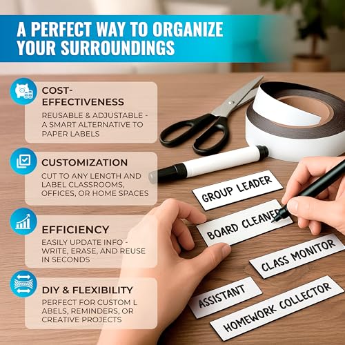 Magnetic Dry Erase Tape 25 Feet 2 Inch - White Magnetic Strip Blank Magnets to Write On Dry Erase Strips Magnet Tape Roll Custom Writable Flexible Tape for Whiteboards Shelves Bus Seats Lockers by JUZARI - Image 3