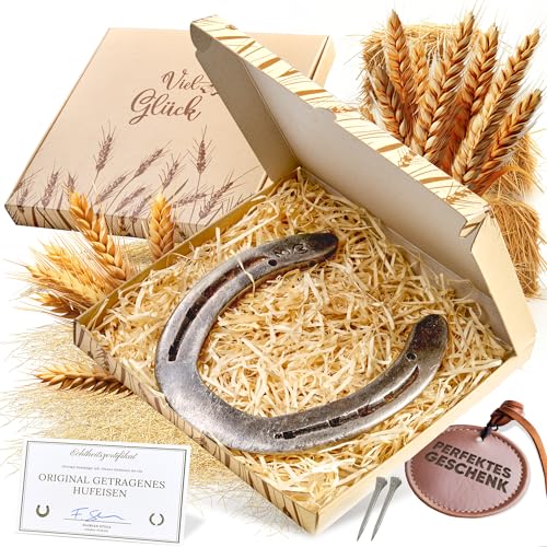 PURAJA Hufeisen Geschenk | Echtes getragenes Hufeisen | Glücksbringer zum Geburtstag, Einzug, Richtfest, zur Hochzeit, Taufe oder Geburt | Original inkl. Echtheitszertifikat
