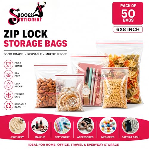 Image of Success Stationery Zip Lock Bags 6 inchx8 inch 50 Pcs - Reusable Transparent Ziplock Pouch for Clothes, Fridge Food Storage, Snacks & Travel Packing - Thick Resealable Zipper Cover