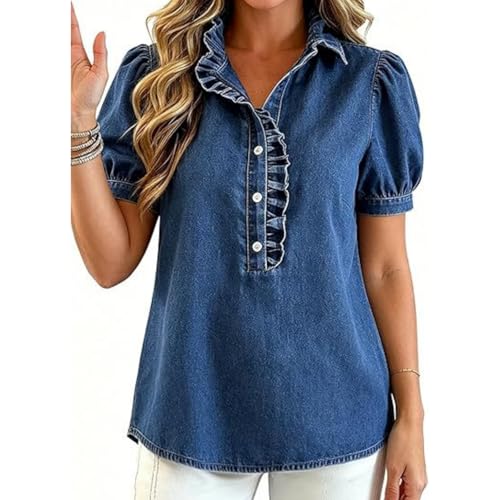 Blouse en jean à volants dotée d'une basque élégante et manches courtes - 7