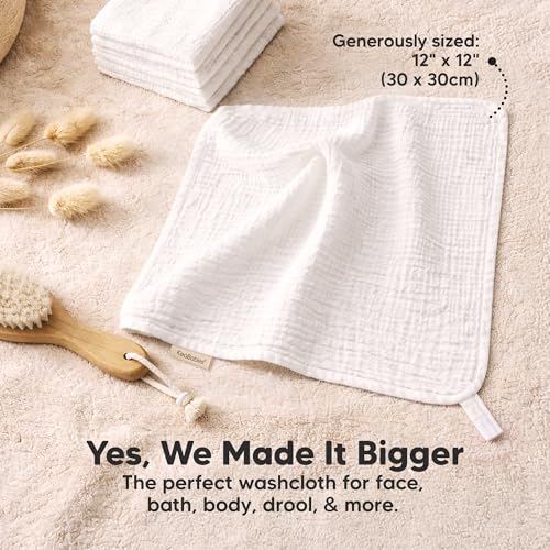 Image of 5-Pack Muslin Baby Washcloths for Newborn - 12x12 inch Soft Absorbent Organic Cotton Muslin Wash Cloths for Babies Girl, Boy, Infant, Toddlers, Kids Face Towel, Bath Essentials,Baby Burp Rags (Soft White)