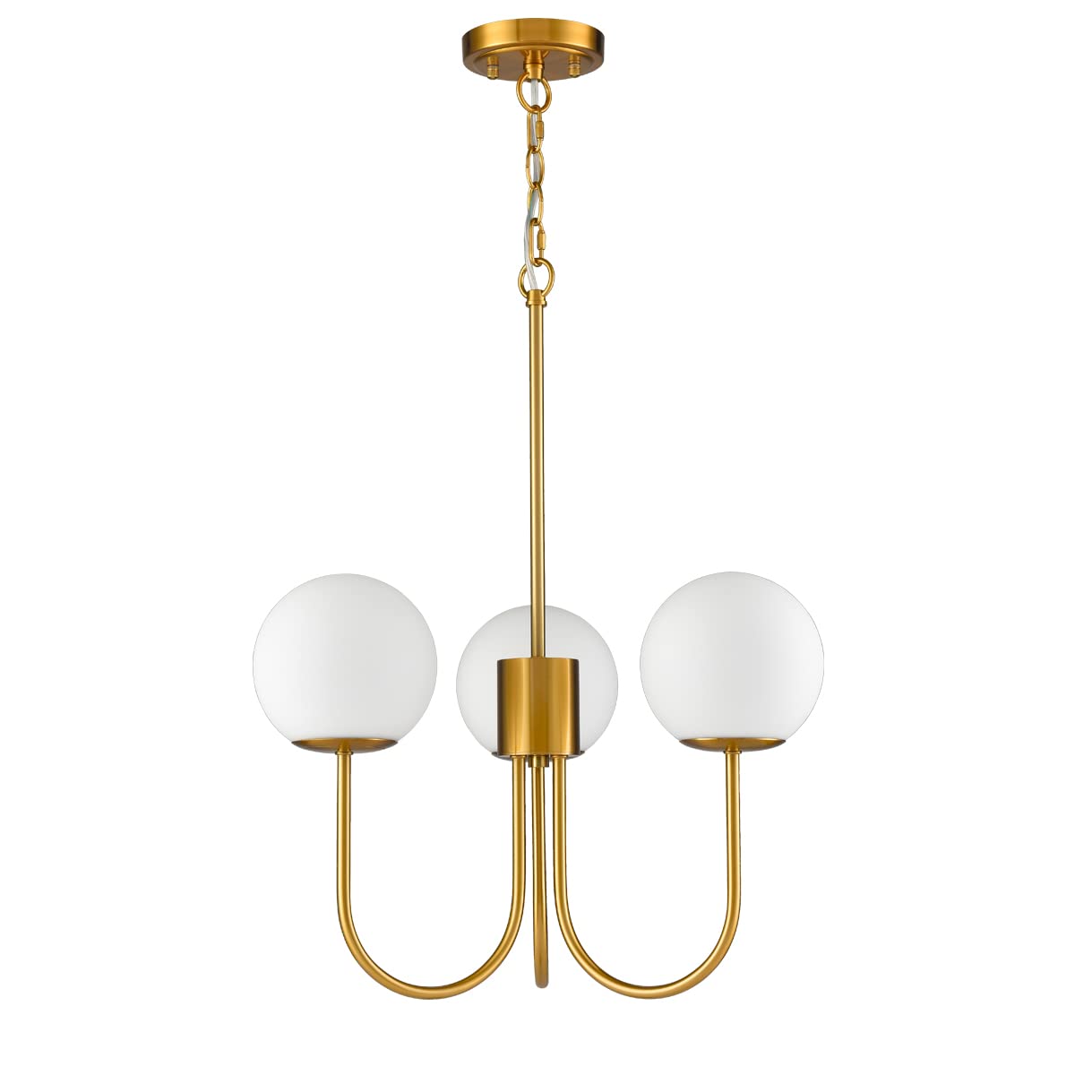 Glass Globe Chandelier Mid Century Brass Gold Pendant Ceiling Lights Milky White Ball Lampshade Wrought Iron for Living Dining Room Bedroom 3 Lights
