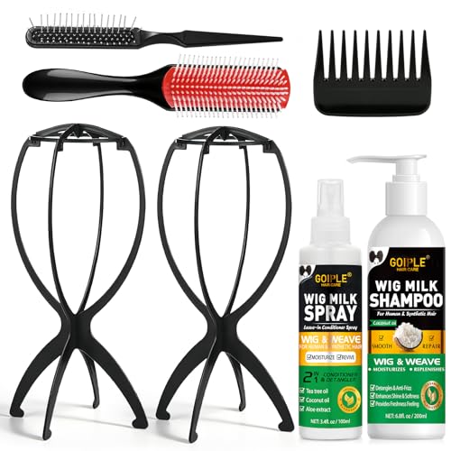 Wig Head Stand with Wig Brush Comb Set Travel Wigs Holder Comb Set for Women Human and Synthetic Hair | 2in 1 Wig Milk Spray & Shampoo Hydrates & Moisturizes Promotes Silkiness & Shine Easy Combing