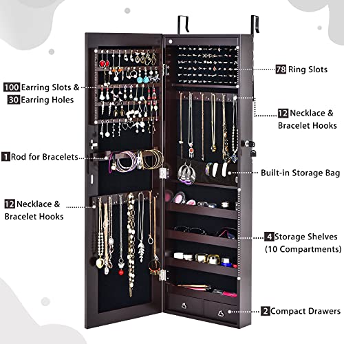 Charmaid 6 Leds Jewelry Armoire Wall/Door Mounted, Lockable Jewelry Organizer With Full Length Mirror, 2 Drawers, Necklace Hooks, Bracelet Rod, Large Storage Mirrored Jewelry Cabinet (Brown) #TOP3