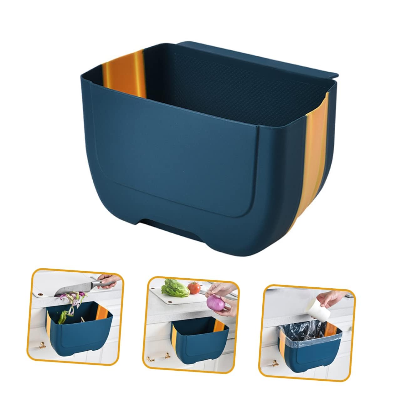 BLURISM 3L Foldable Hanging Trash Can for Cabinet Door,Kitchen Compost Bin, Wall-Mounted Plastic Garbage Can for Countertop or Under Sink, Bathroom and RV, Kitchen Bin (BLUE-YELLOW) 4