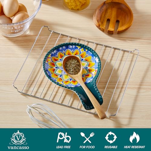 Image of vancasso 7.7 Inch Ceramic Spoon Rest, Bohemian Stove Top, Green | Holds Spoons, Spatulas, Ladles, and Tongs, Bohemian Design, Stove Top and Countertop, Dishwasher and Microwave Safe Ceramic